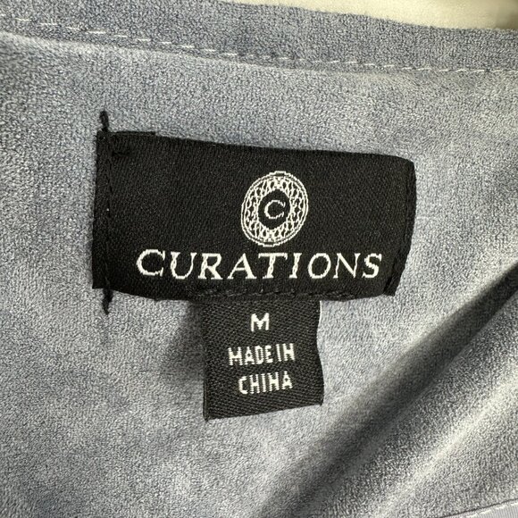 Curations Faux Suede Jacket M Floral Embroidered Open Front Long Boho Gray Blue - Picture 3 of 9